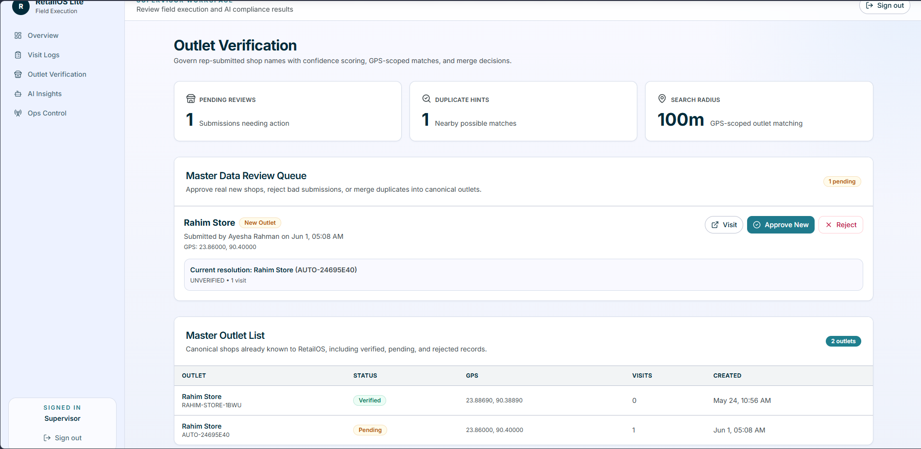 Supervisor outlet verification queue showing pending submissions, duplicate hints, and master outlet list